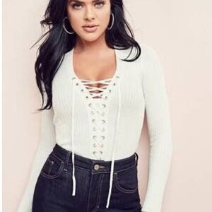 Guess White Lace-Up Ribbed Top